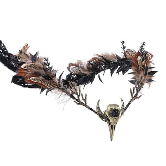 Brown Feather Witch Crown - Handmade Gothic Headpiece Elf Moon Cirlet - Picture 1 of 7